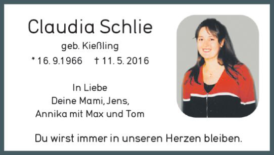 Traueranzeige von Claudia Schlie von vrm-trauer Wiesbadener Kurier