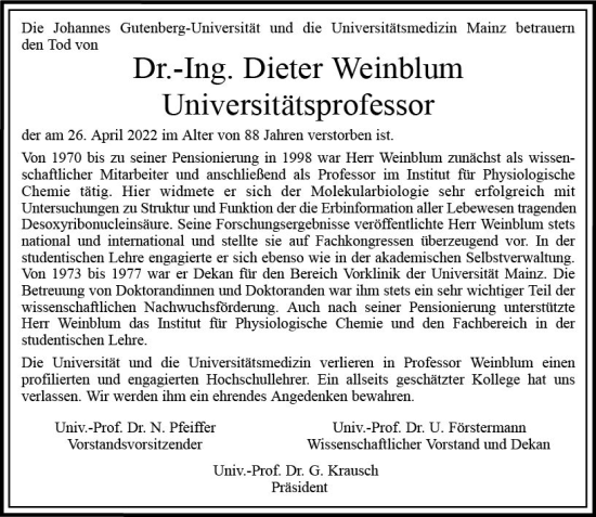 Traueranzeige von Dieter Weinblum von vrm-trauer AZ Mainz