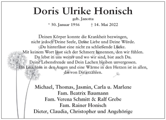 Traueranzeige von Doris Ulrike Honisch von vrm-trauer Wiesbadener Kurier