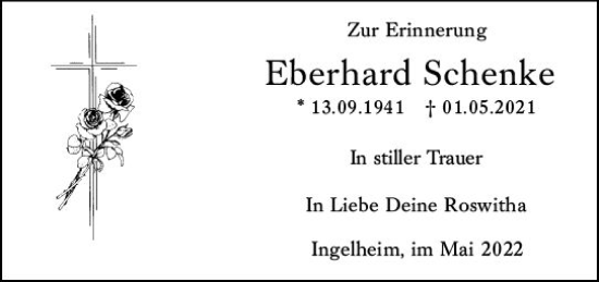 Traueranzeige von Eberhard Schenke von vrm-trauer Allgemeine  Zeitung Ingelheim-Bingen