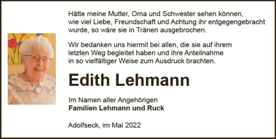 Traueranzeige von Edith Lehmann von vrm-trauer WK-UTA