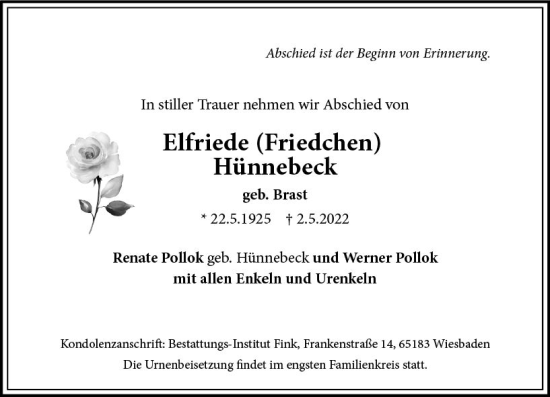 Traueranzeige von Elfriede Hünnebeck von vrm-trauer Wiesbadener Kurier