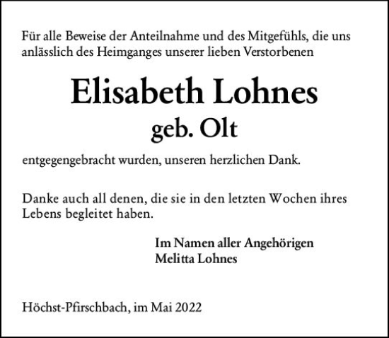 Traueranzeige von Elisabeth Lohnes von vrm-trauer Odenwälder Echo