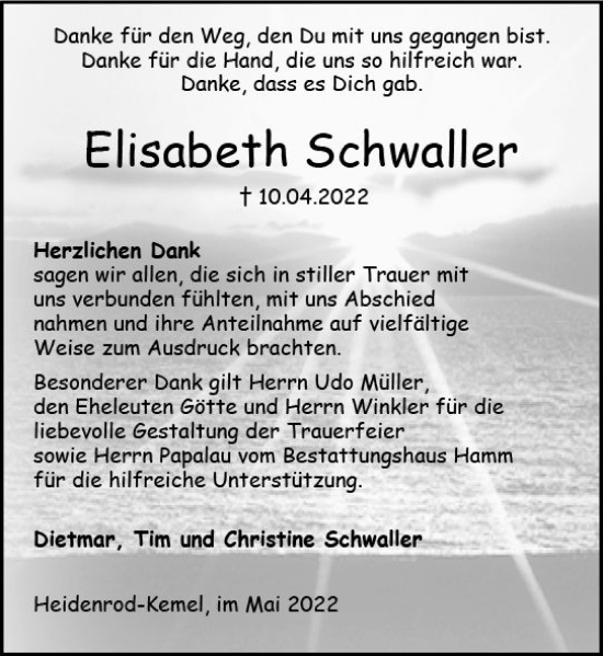 Traueranzeige von Elisabeth Schwaller von vrm-trauer Wiesbadener Kurier