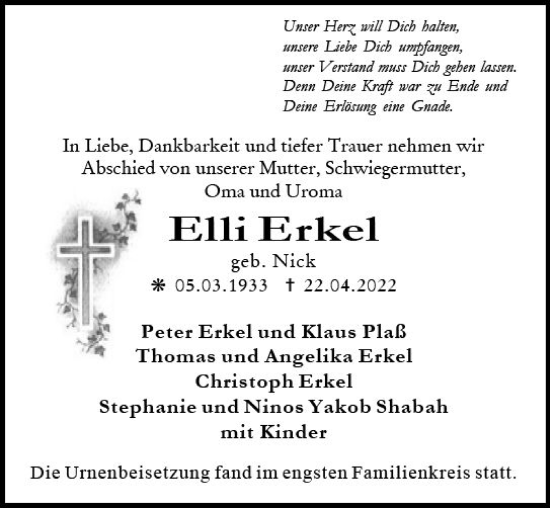 Traueranzeige von Elli Erkel von vrm-trauer Wiesbadener Kurier