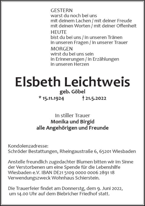 Traueranzeige von Elsbeth Leichtweis von vrm-trauer Wiesbadener Kurier