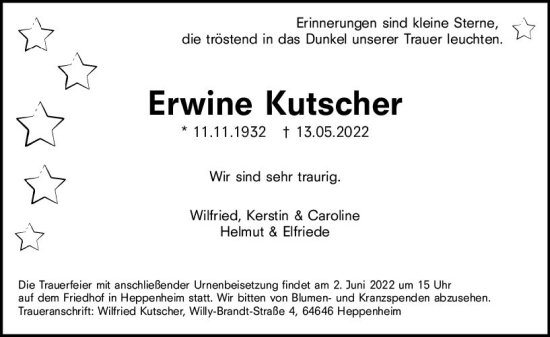 Traueranzeige von Erwine Kutscher von vrm-trauer Bürstädter/Lamperth. Ztg/Starkenburger
