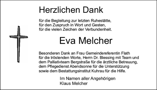 Traueranzeige von Eva Melcher von vrm-trauer Bürstädter/Lamperth. Ztg/Starkenburger