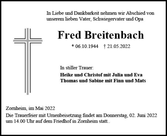 Traueranzeige von Fred Breitenbach von vrm-trauer AZ Mainz