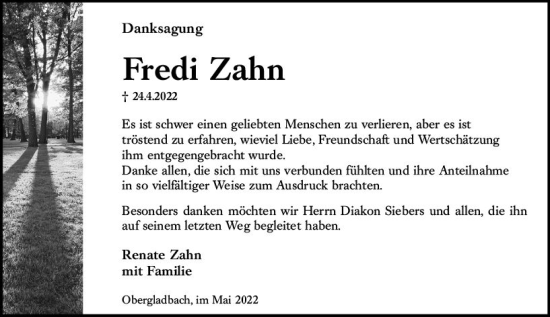 Traueranzeige von Fredi Zahn von vrm-trauer WK-UTA