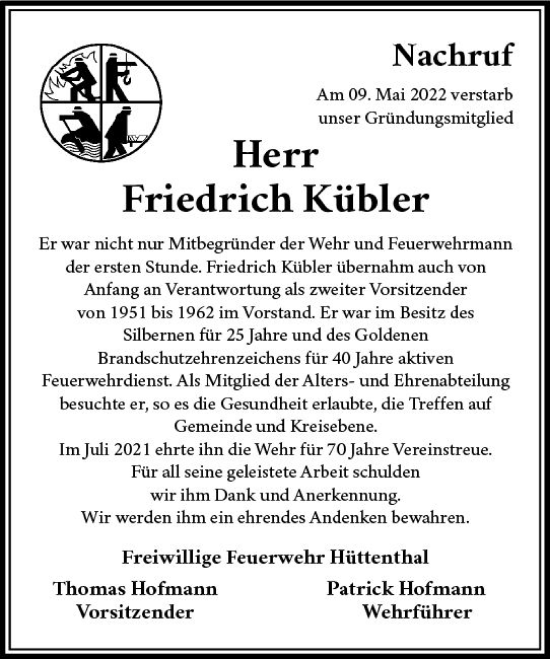 Traueranzeige von Friedrich Kübler von vrm-trauer Odenwälder Echo