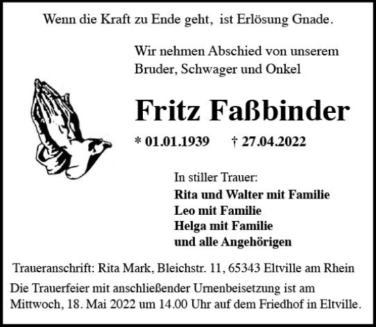 Traueranzeige von Fritz Faßbinder von vrm-trauer Rheingau