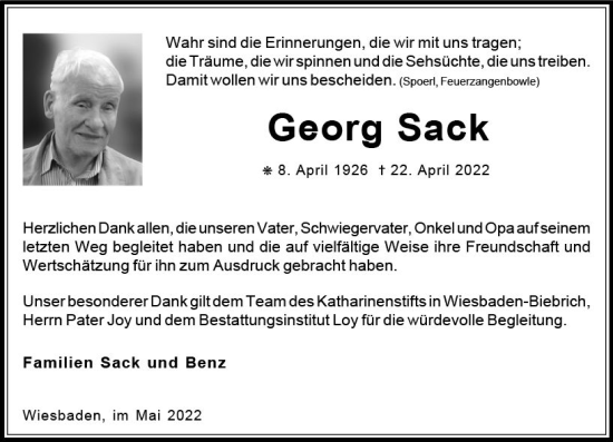 Traueranzeige von Georg Sack von vrm-trauer Wiesbadener Kurier
