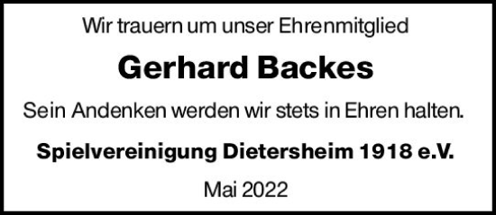 Traueranzeige von Gerhard Backes von vrm-trauer Allgemeine  Zeitung Ingelheim-Bingen