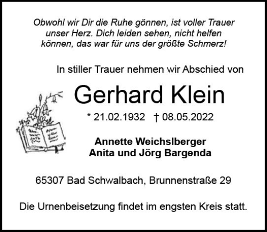Traueranzeige von Gerhard Klein von vrm-trauer WK-UTA
