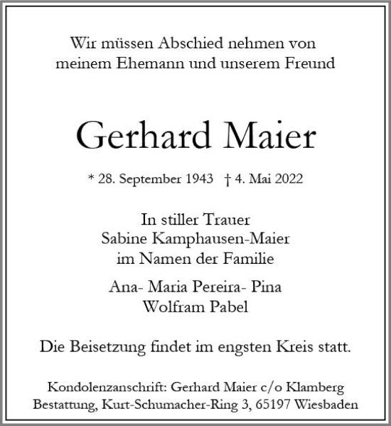 Traueranzeige von Gerhard Maier von vrm-trauer Wiesbadener Kurier