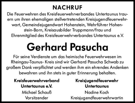 Traueranzeige von Gerhard Pasucha von vrm-trauer Idsteiner Zeitung