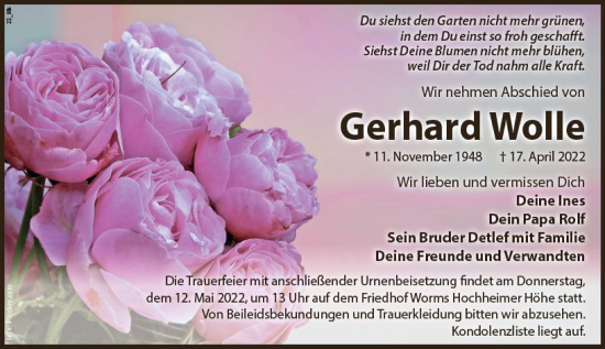 Traueranzeige von Gerhard Wolle von vrm-trauer Wormser Zeitung
