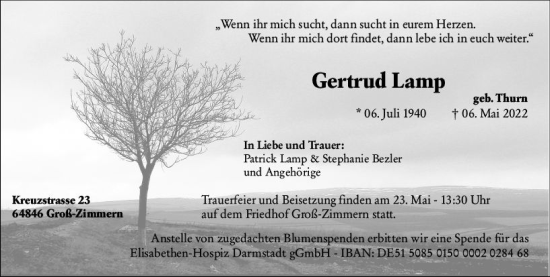 Traueranzeige von Gertrud Lamp von vrm-trauer Darmstädter Echo