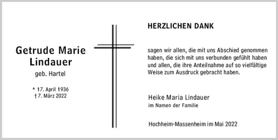 Traueranzeige von Getrude Marie Lindauer von vrm-trauer Hochheimer Zeitung