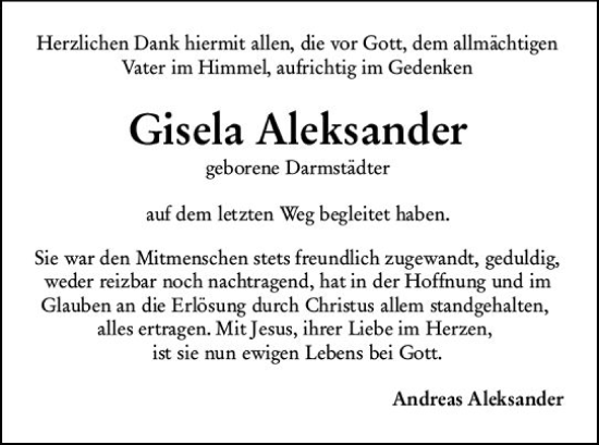 Traueranzeige von Gisela Aleksander von vrm-trauer Darmstädter Echo