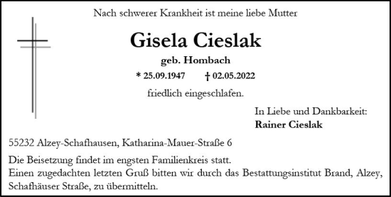 Traueranzeige von Gisela Cieslak von vrm-trauer Allgemeine Zeitung Alzey
