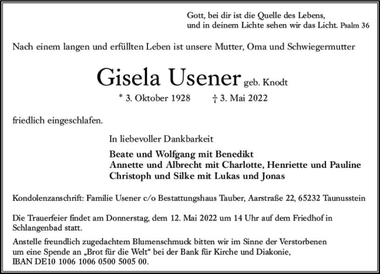 Traueranzeige von Gisela Usener von vrm-trauer WK-UTA