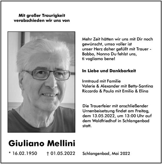 Traueranzeige von Giuliano Mellini von vrm-trauer Wiesbadener Kurier