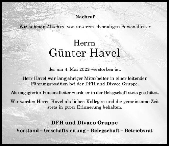 Traueranzeige von Günter Havel von vrm-trauer Wiesbadener Kurier