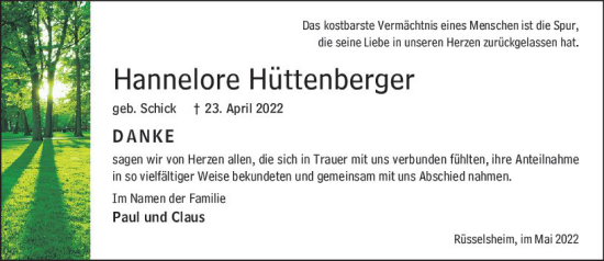 Traueranzeige von Hannelore Hüttenberger von vrm-trauer Rüsselsheimer Echo / MainSpitze