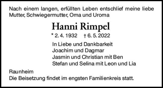 Traueranzeige von Hanni Rimpel von vrm-trauer Rüsselsheimer Echo / MainSpitze