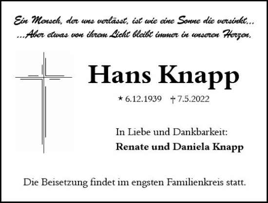 Traueranzeige von Hans Knapp von vrm-trauer AZ Mainz