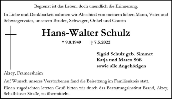 Traueranzeige von Hans-Walter Schulz von vrm-trauer Allgemeine Zeitung Alzey