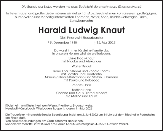 Traueranzeige von Harald Ludwig Knaut von vrm-trauer Wiesbadener Kurier