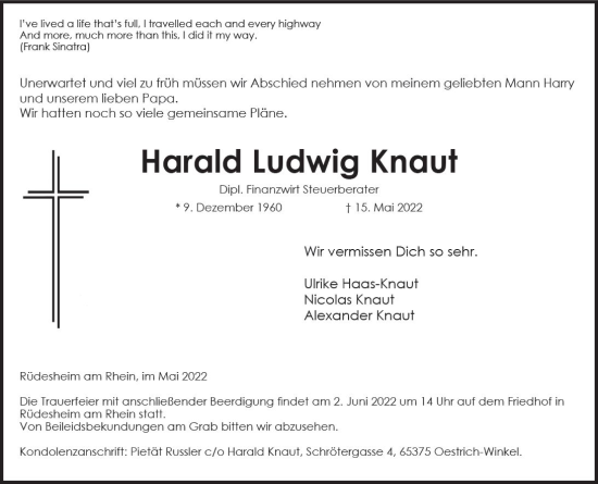 Traueranzeige von Harald Ludwig Knaut von vrm-trauer Wiesbadener Kurier