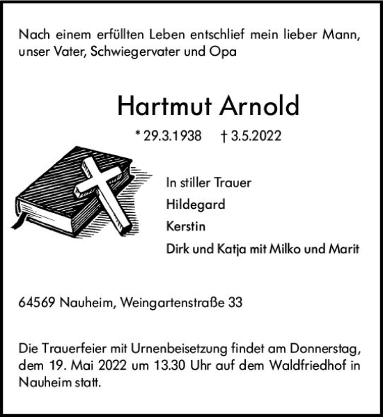 Traueranzeige von Hartmut Arnold von vrm-trauer Rüsselsheimer Echo / MainSpitze
