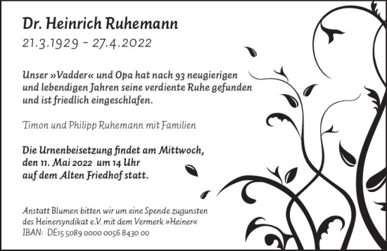 Traueranzeige von Heinrich Ruhemann von vrm-trauer Darmstädter Echo