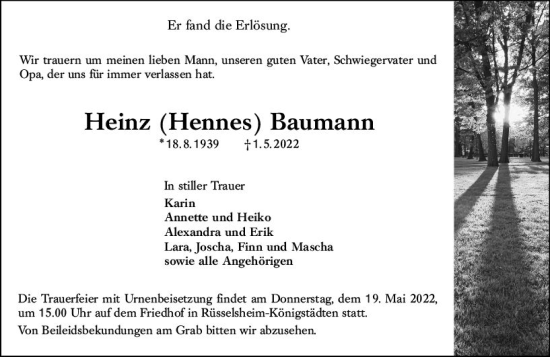 Traueranzeige von Heinz Baumann von vrm-trauer Rüsselsheimer Echo / MainSpitze
