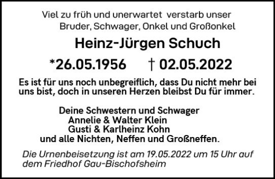Traueranzeige von Heinz-Jürgen Schuch von vrm-trauer AZ Mainz