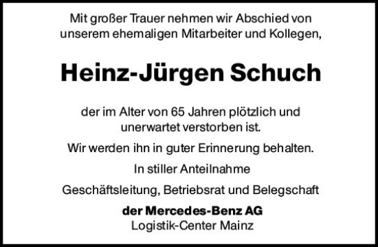 Traueranzeige von Heinz-Jürgen Schuch von vrm-trauer AZ Mainz