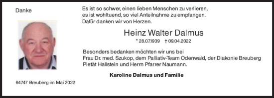 Traueranzeige von Heinz Walter Dalmus von vrm-trauer Odenwälder Echo