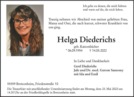 Traueranzeige von Helga Diederichs von vrm-trauer Allg. Zeitung Bad Kreuznach