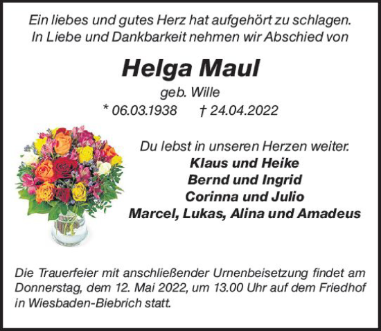 Traueranzeige von Helga Maul von vrm-trauer Wiesbadener Kurier