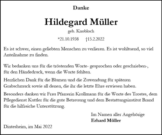 Traueranzeige von Hildegard Müller von vrm-trauer Allgemeine Zeitung Alzey