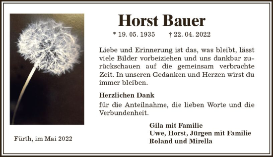 Traueranzeige von Horst Bauer von vrm-trauer Bürstädter/Lamperth. Ztg/Starkenburger