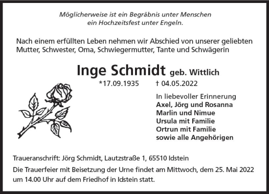 Traueranzeige von Inge Schmidt von vrm-trauer Idsteiner Zeitung