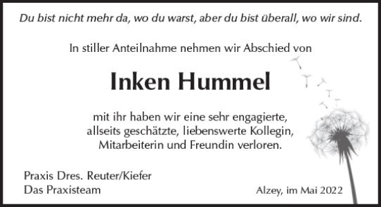 Traueranzeige von Inken Hummel von vrm-trauer Allgemeine Zeitung Alzey
