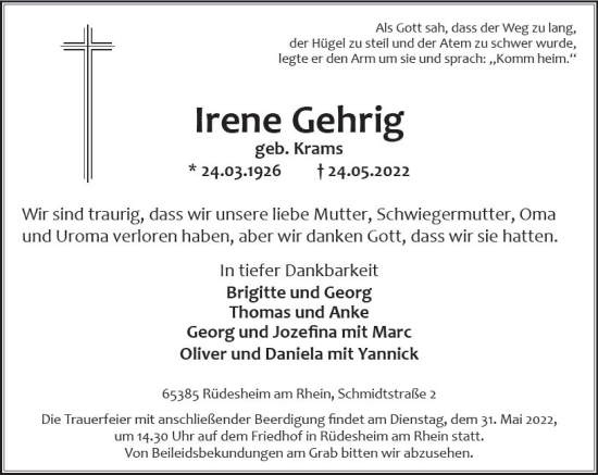 Traueranzeige von Irene Gehrig von vrm-trauer Rheingau