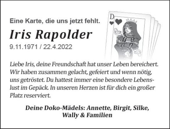 Traueranzeige von Iris Rapolder von vrm-trauer Darmstädter Echo