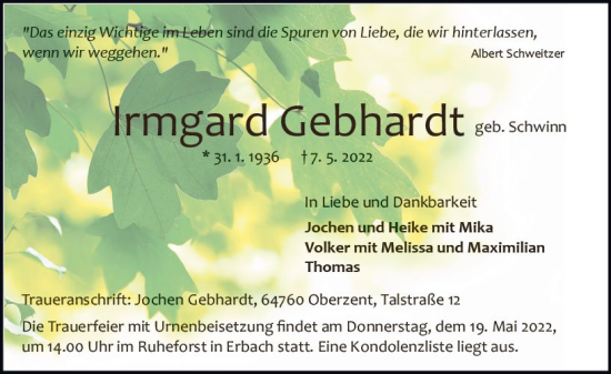 Traueranzeige von Irmgard Gebhardt von vrm-trauer Odenwälder Echo